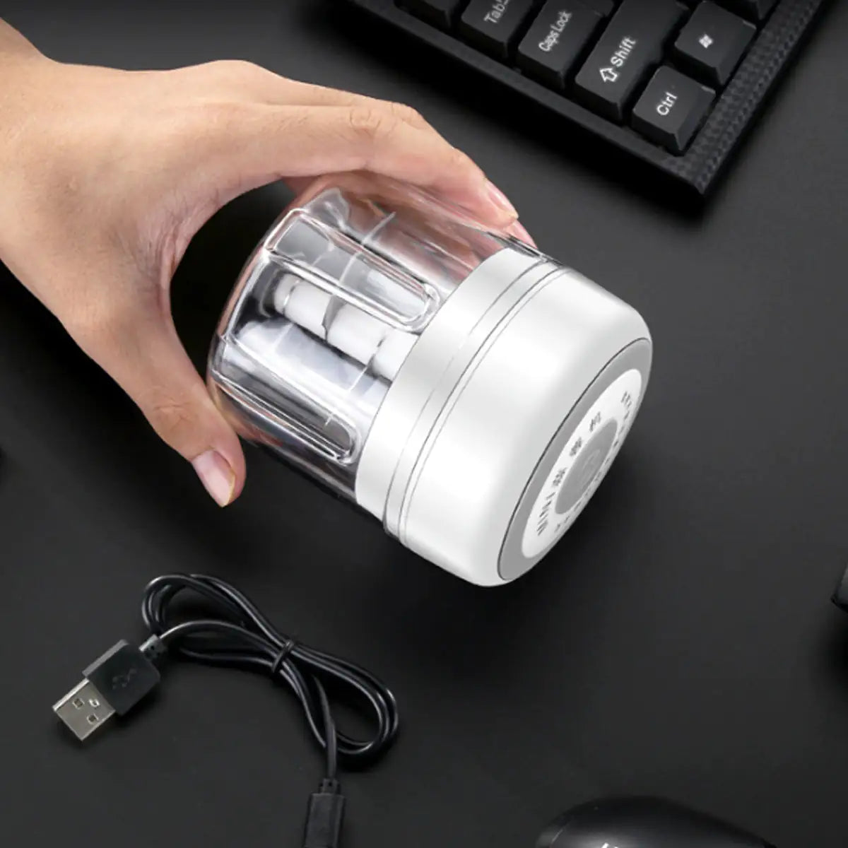 Manual green veggie chopper with stainless steel blades dicing fresh tomatoes and onions for salsa.