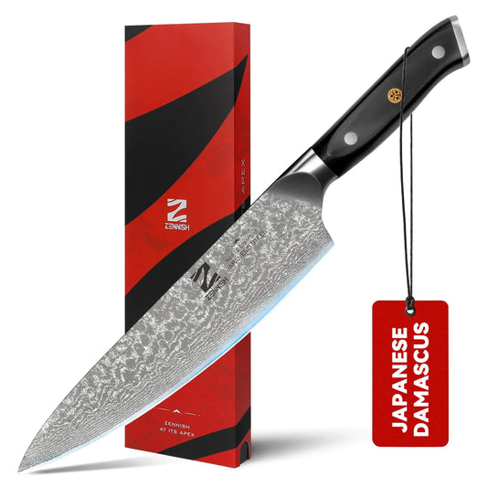 Zennish 8 inch Damascus steel chef knife from the Quartz Series with AUS-10 core and ergonomic black G10 handle.