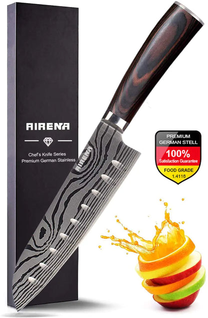 AIRENA 7 inch Japanese Santoku Knife with ergonomic Pakkawood handle for professional cooking.