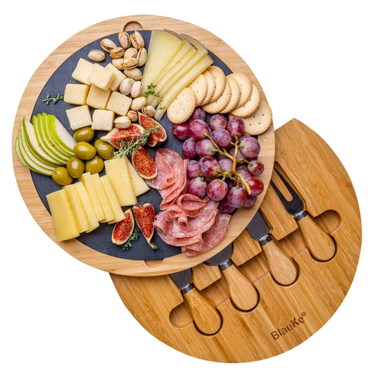 12 inch round swiveling bamboo cheese board and knife set with a removable black slate and 4 stainless steel cheese tools stored in a hidden drawer.
