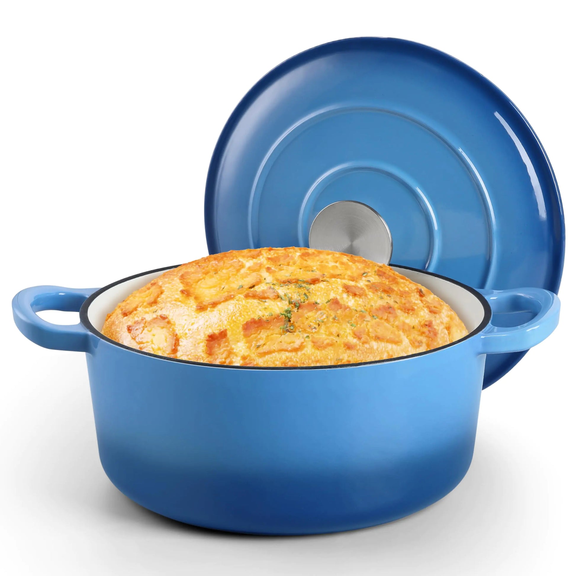 Blue 3 quart HaSteeL enameled cast iron Dutch oven with lid on a modern stove, perfect for sourdough baking and roasting.