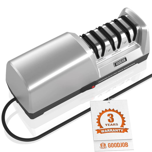 Professional 3-stage electric knife sharpener with diamond abrasives and precision 15-degree angle guides for kitchen and ceramic knives.