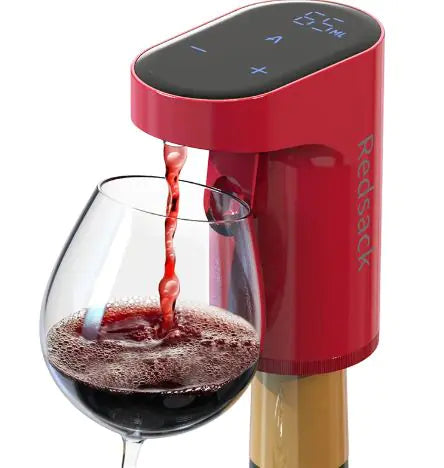 Automatic electric wine dispenser and aerator pouring red wine into a crystal glass at the touch of a button.