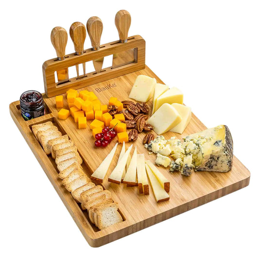 Sustainable 14x11 bamboo cheese board and knife set with 4 stainless steel cheese knives arranged as a professional wood serving tray