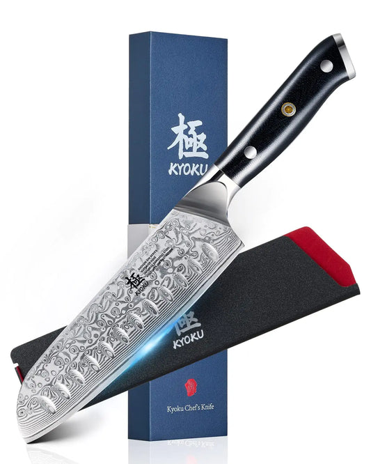 KYOKU 7 inch Santoku knife with Shogun Gin series Silver Ion blade and G10 handle with mosaic pin.