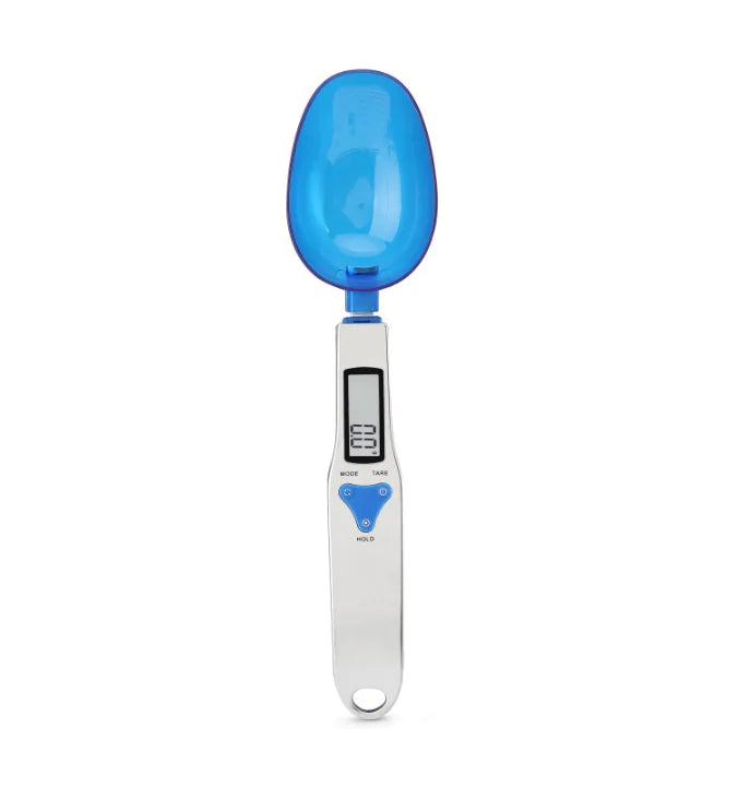 White digital measuring spoon scale with LCD display measuring spices, featuring three different interchangeable spoon sizes.